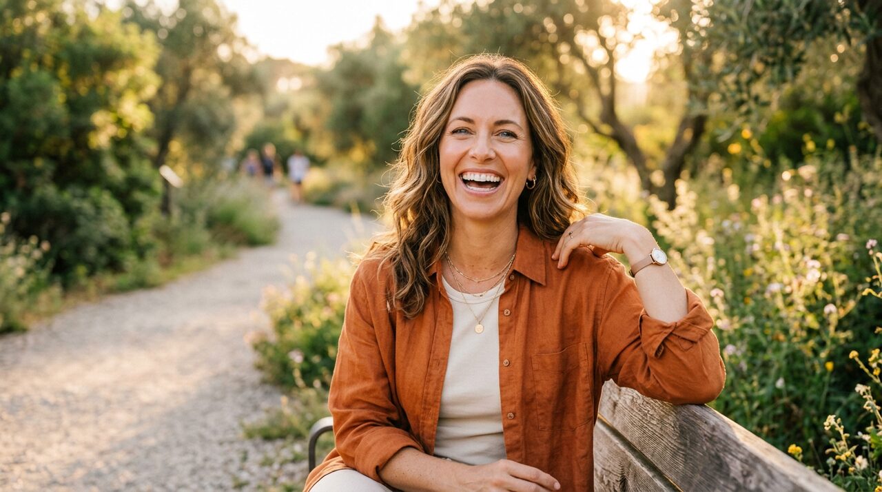 Confident woman with a bright healthy smile after improving oral health